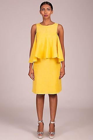 Yellow Empireline Flounce Layered Dress by Wendell Rodricks