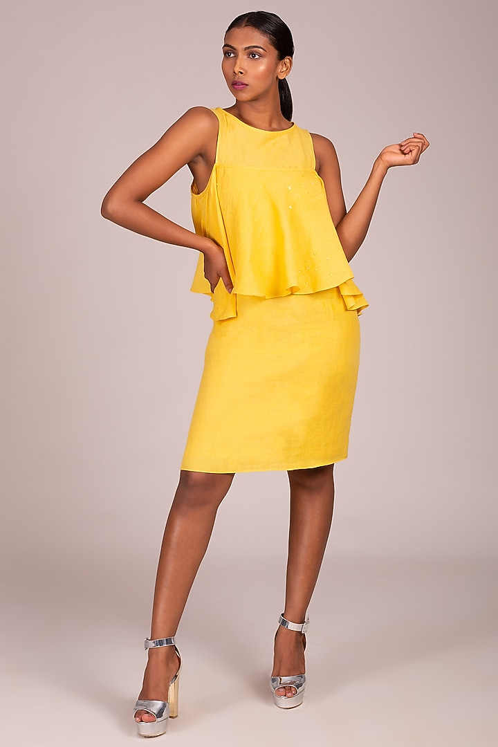 Yellow Empireline Flounce Layered Dress by Wendell Rodricks at Pernia's Pop Up Shop