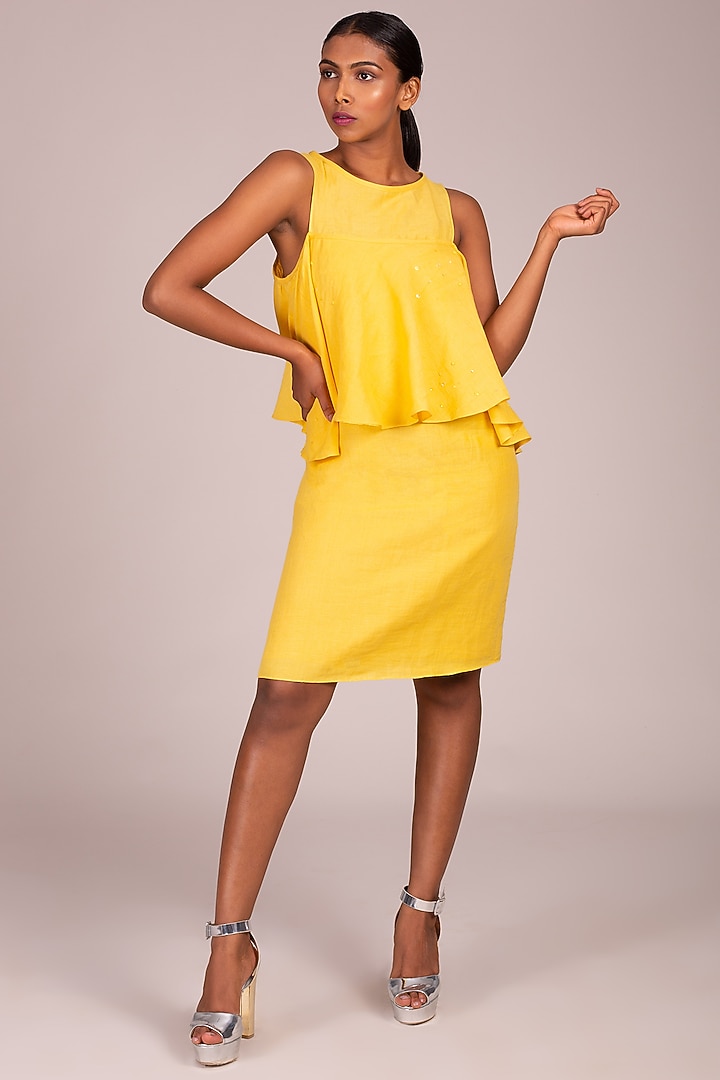Yellow Empireline Flounce Layered Dress by Wendell Rodricks at Pernia's Pop Up Shop