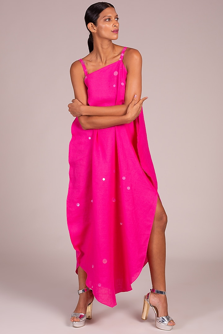 Fuchsia Embroidered Strappy Dress by Wendell Rodricks at Pernia's Pop Up Shop