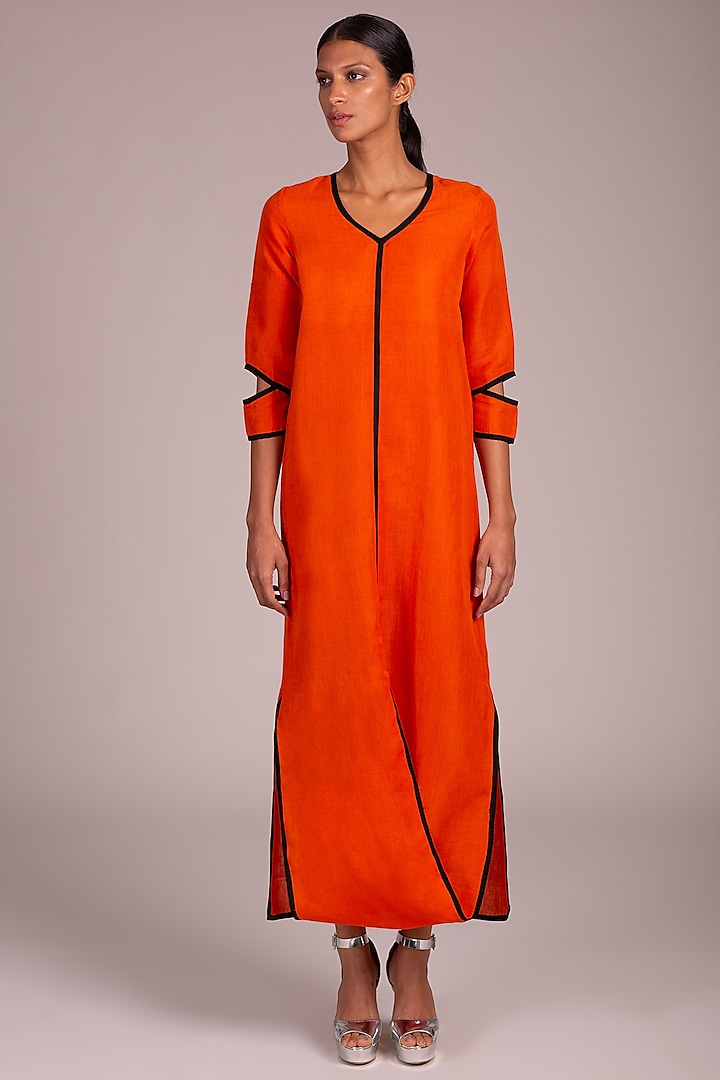 Orange Maxi Dress With Fold Over Hem by Wendell Rodricks