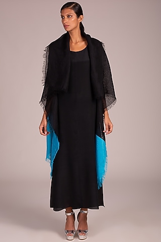 Black Color Blocked Cape With Fringe by Wendell Rodricks