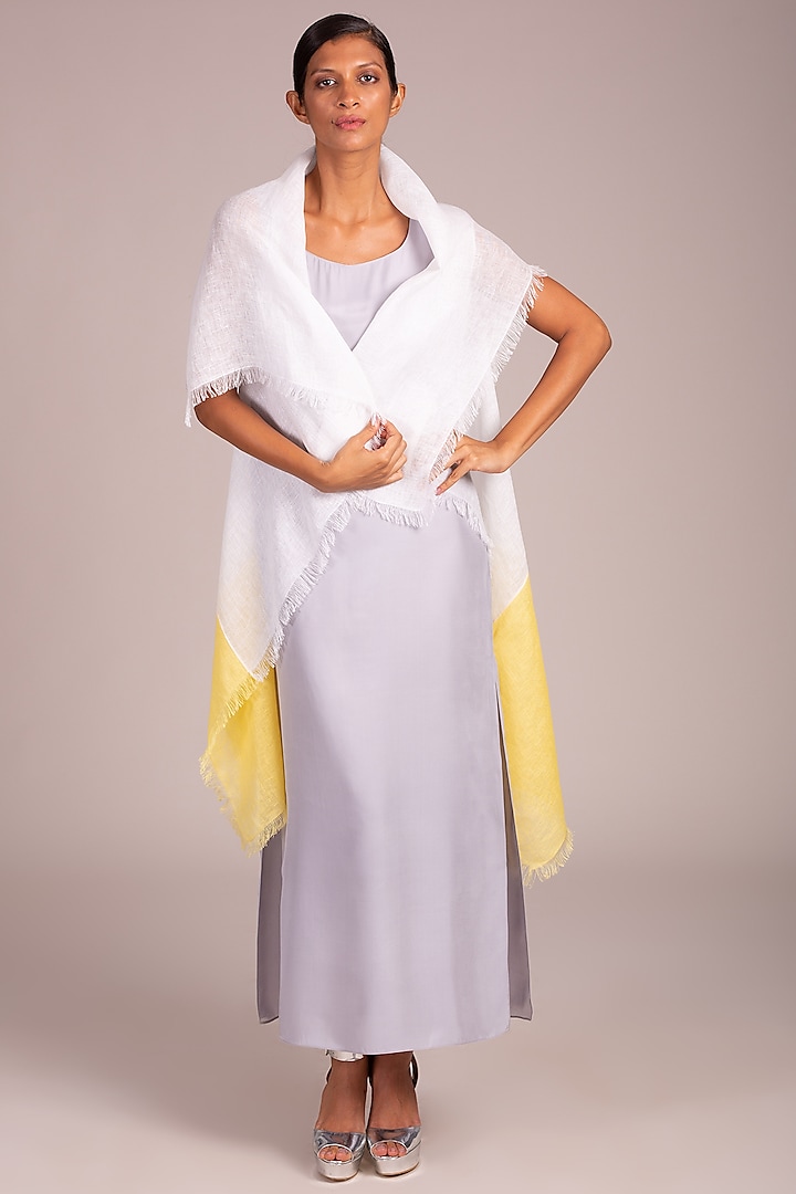 White Color Blocked Cape With Fringe by Wendell Rodricks