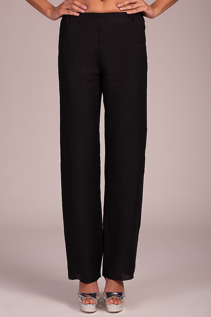 Black Flat Front Palazzo Pants by Wendell Rodricks at Pernia's Pop Up Shop