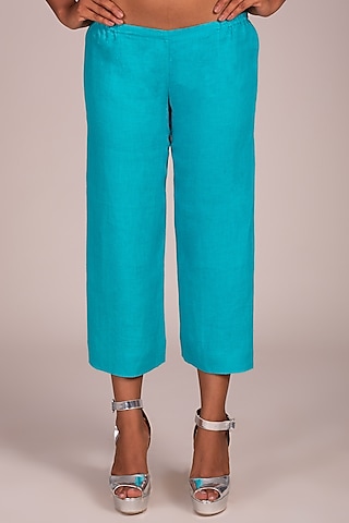 Blue Flat Front Culotte Pants by Wendell Rodricks