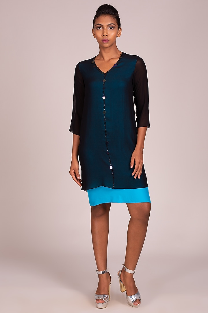 Black Embroidered Layered Dress by Wendell Rodricks at Pernia's Pop Up Shop