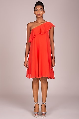 Orange Ruffled & Flared Dress by Wendell Rodricks