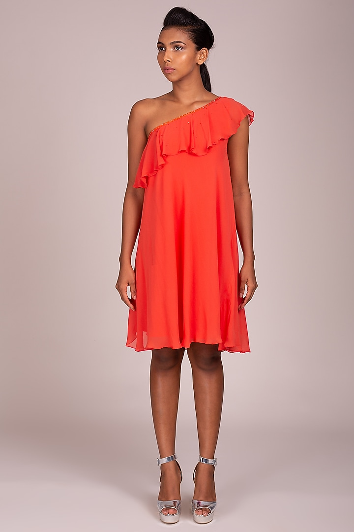 Orange Ruffled & Flared Dress by Wendell Rodricks at Pernia's Pop Up Shop