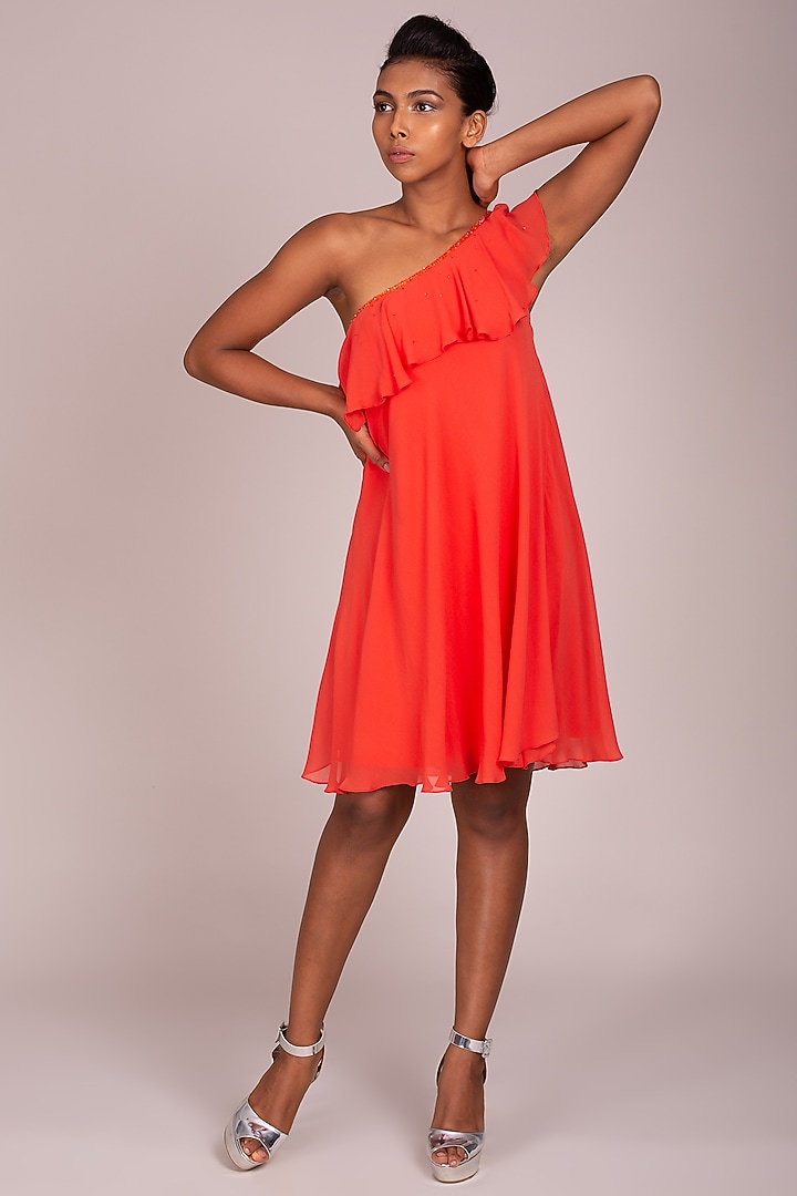 Orange Ruffled & Flared Dress by Wendell Rodricks at Pernia's Pop Up Shop