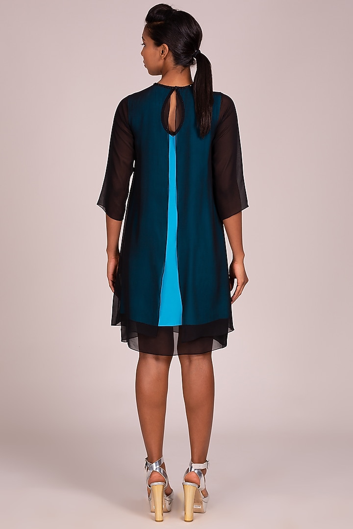 Turquoise Embroidered Layered Dress by Wendell Rodricks at Pernia's Pop Up Shop