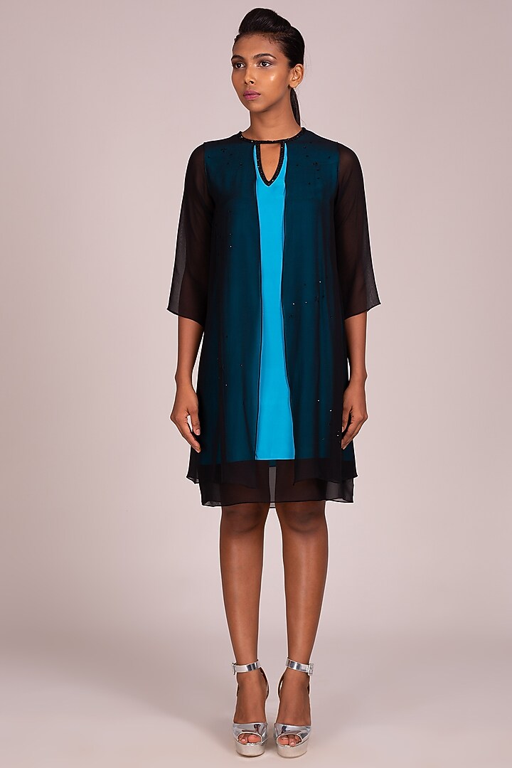 Turquoise Embroidered Layered Dress by Wendell Rodricks at Pernia's Pop Up Shop