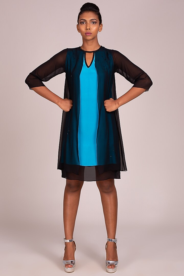 Turquoise Embroidered Layered Dress by Wendell Rodricks at Pernia's Pop Up Shop