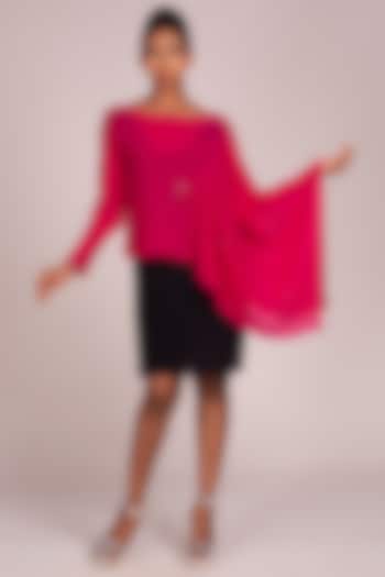Fuchsia Embroidered Dress With Draped Sleeves by Wendell Rodricks at Pernia's Pop Up Shop