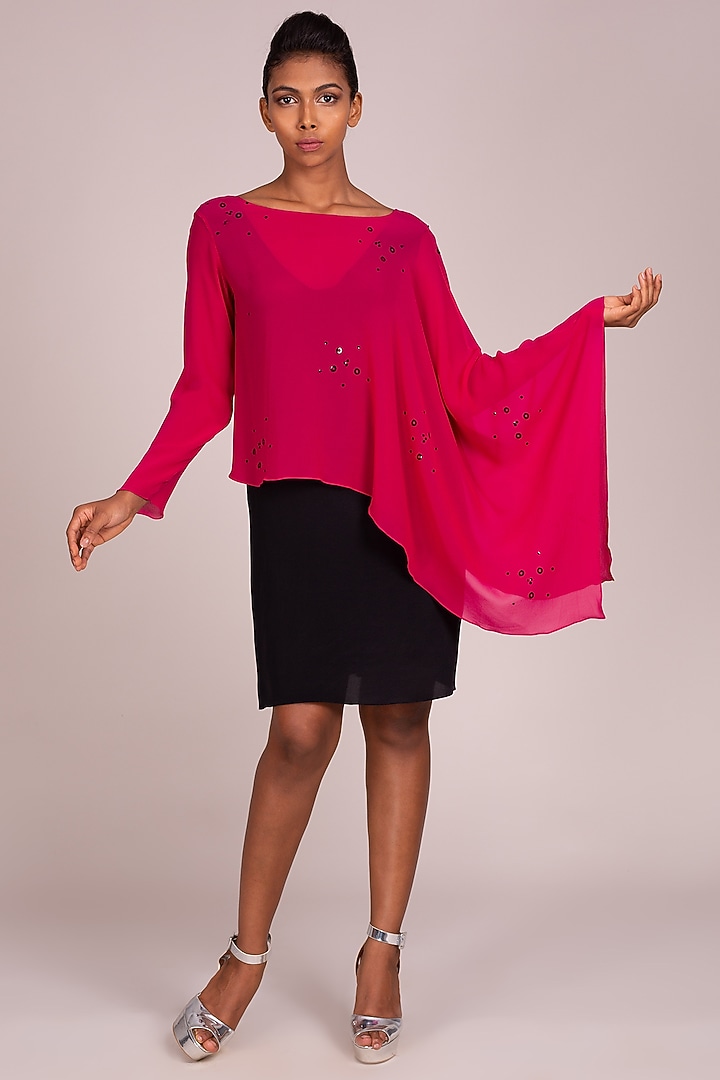 Fuchsia Embroidered Dress With Draped Sleeves by Wendell Rodricks at Pernia's Pop Up Shop