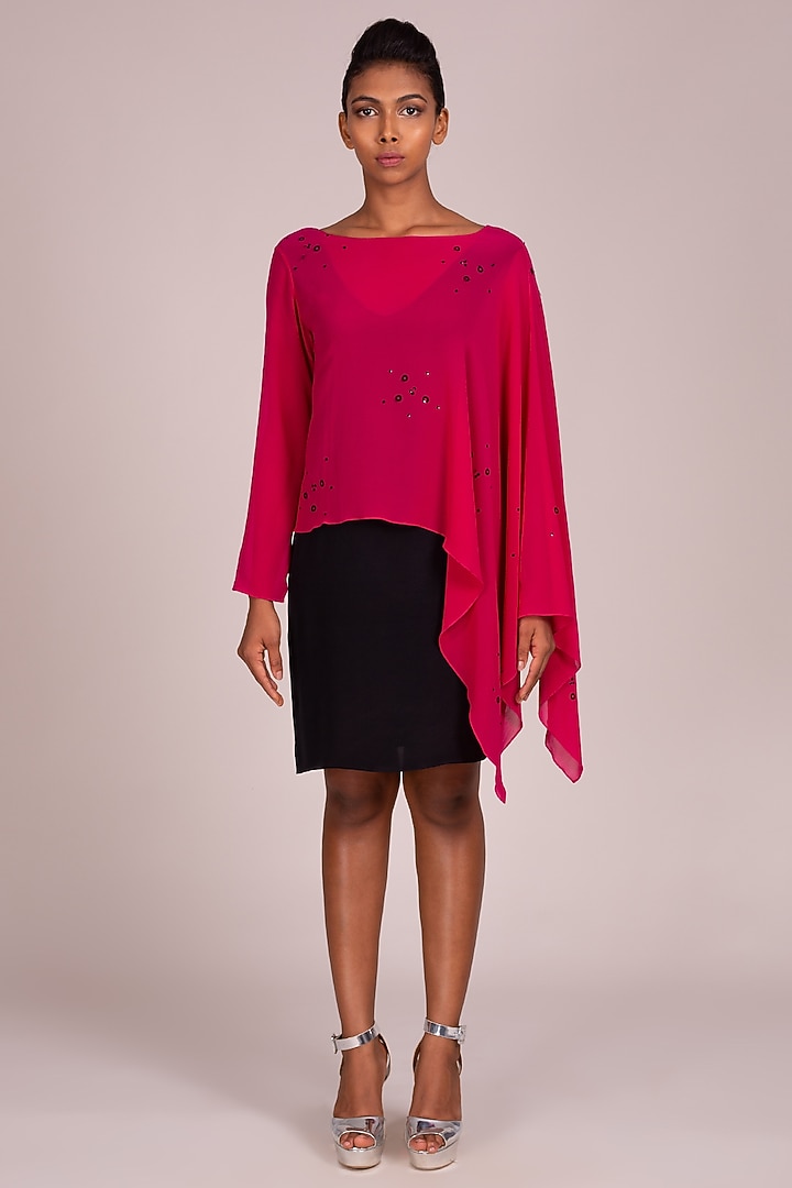 Fuchsia Embroidered Dress With Draped Sleeves by Wendell Rodricks at Pernia's Pop Up Shop