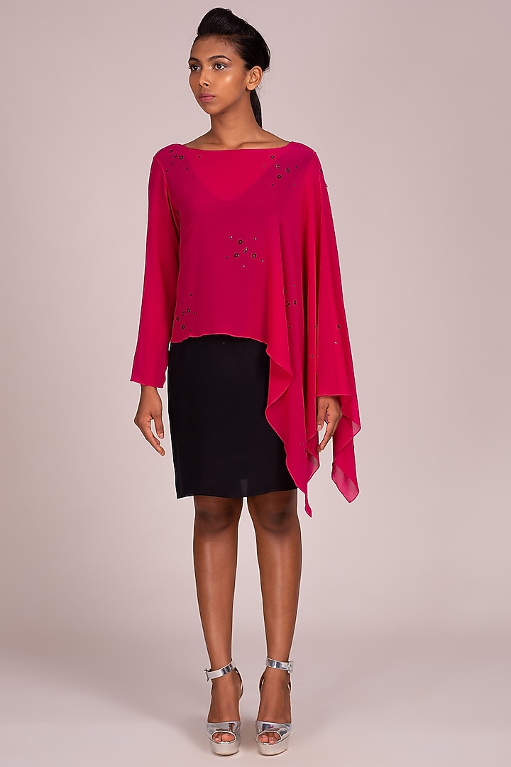 Fuchsia Embroidered Dress With Draped Sleeves by Wendell Rodricks at Pernia's Pop Up Shop