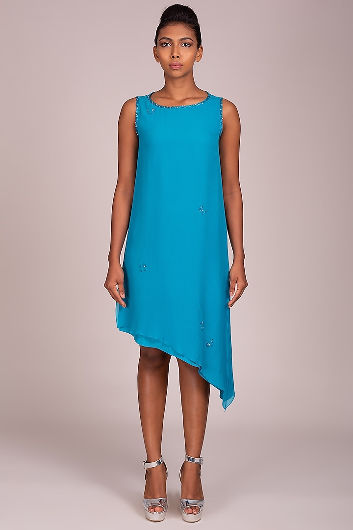 Turquoise Embroidered Sleeveless Dress by Wendell Rodricks at Pernia's Pop Up Shop