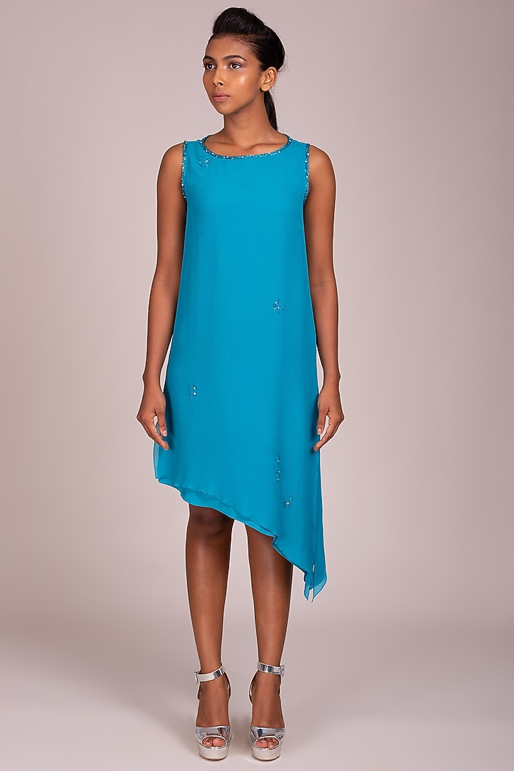 Turquoise Embroidered Sleeveless Dress by Wendell Rodricks at Pernia's Pop Up Shop