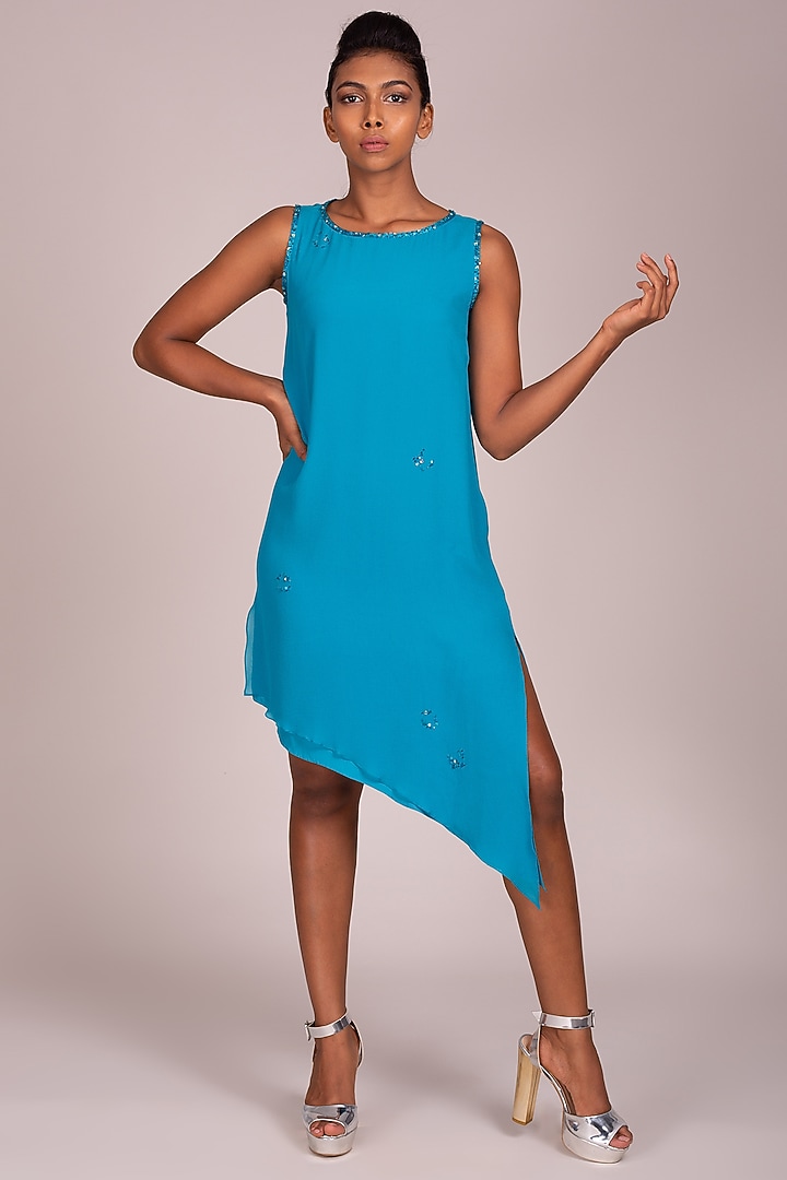 Turquoise Embroidered Sleeveless Dress by Wendell Rodricks at Pernia's Pop Up Shop