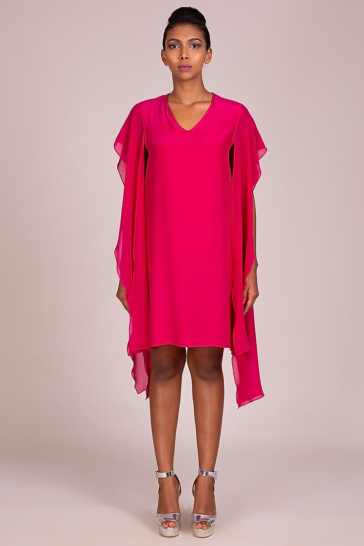 Fuchsia Embroidered Shift Dress by Wendell Rodricks at Pernia's Pop Up Shop