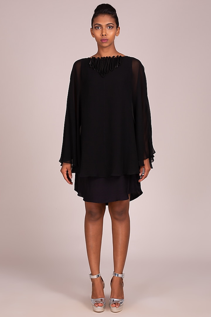 Black Cape-Style Layered Dress by Wendell Rodricks