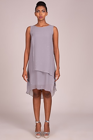 Dark Grey Embroidered Asymmetric Dress by Wendell Rodricks