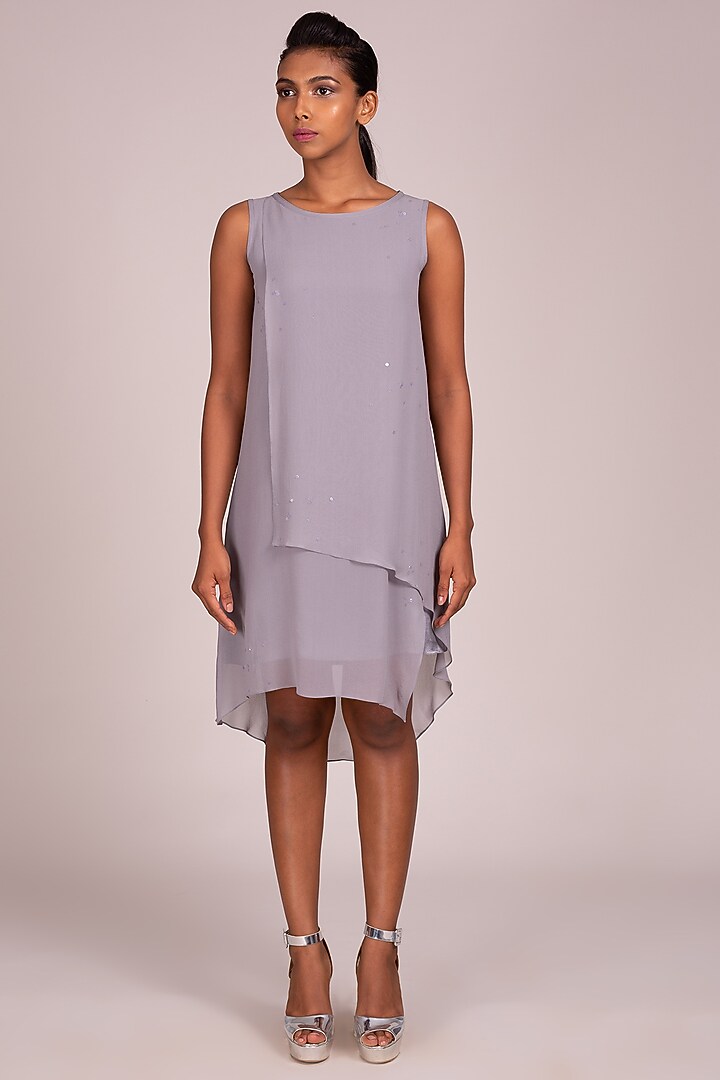 Dark Grey Embroidered Asymmetric Dress by Wendell Rodricks at Pernia's Pop Up Shop
