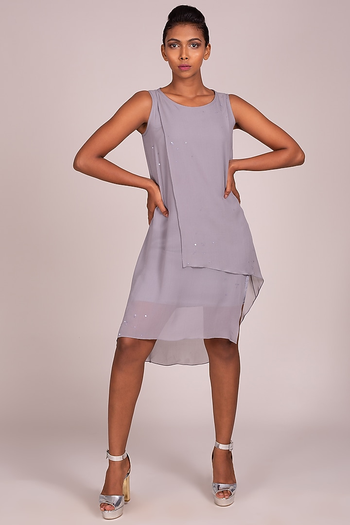 Dark Grey Embroidered Asymmetric Dress by Wendell Rodricks at Pernia's Pop Up Shop