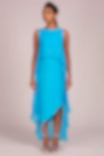 Turquoise Asymmetric Layered Dress by Wendell Rodricks at Pernia's Pop Up Shop