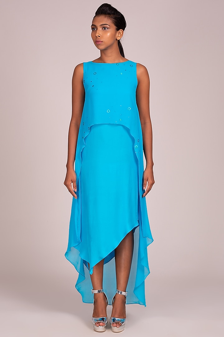 Turquoise Asymmetric Layered Dress by Wendell Rodricks at Pernia's Pop Up Shop