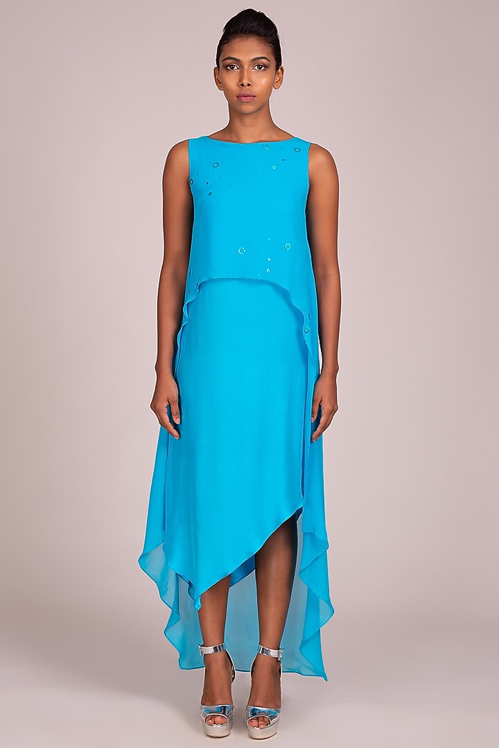 Turquoise Asymmetric Layered Dress by Wendell Rodricks at Pernia's Pop Up Shop