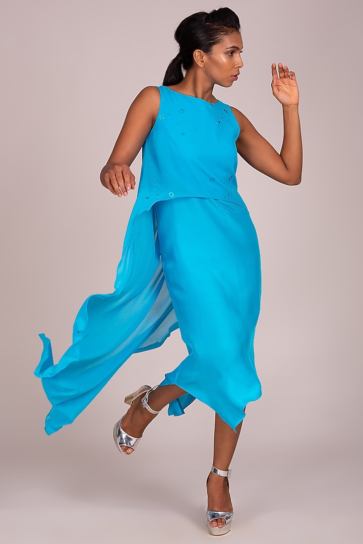 Turquoise Asymmetric Layered Dress by Wendell Rodricks at Pernia's Pop Up Shop