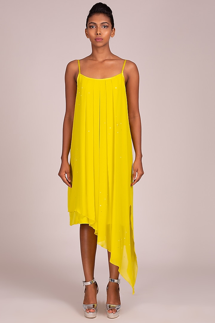Yellow Asymmetric Strappy Dress by Wendell Rodricks
