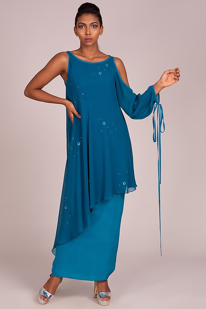 Teal Embroidered Layered Dress by Wendell Rodricks at Pernia's Pop Up Shop