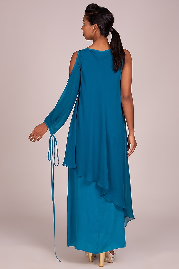 Teal Embroidered Layered Dress by Wendell Rodricks at Pernia's Pop Up Shop