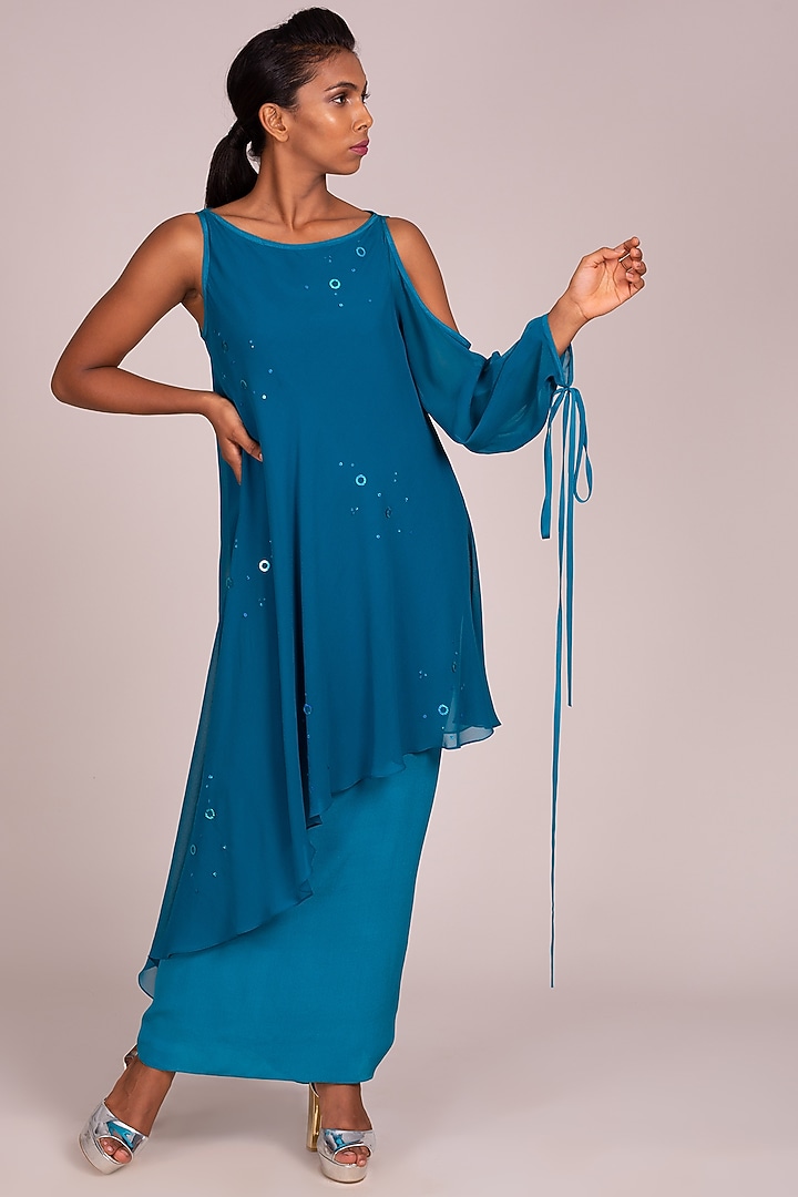 Teal Embroidered Layered Dress by Wendell Rodricks at Pernia's Pop Up Shop