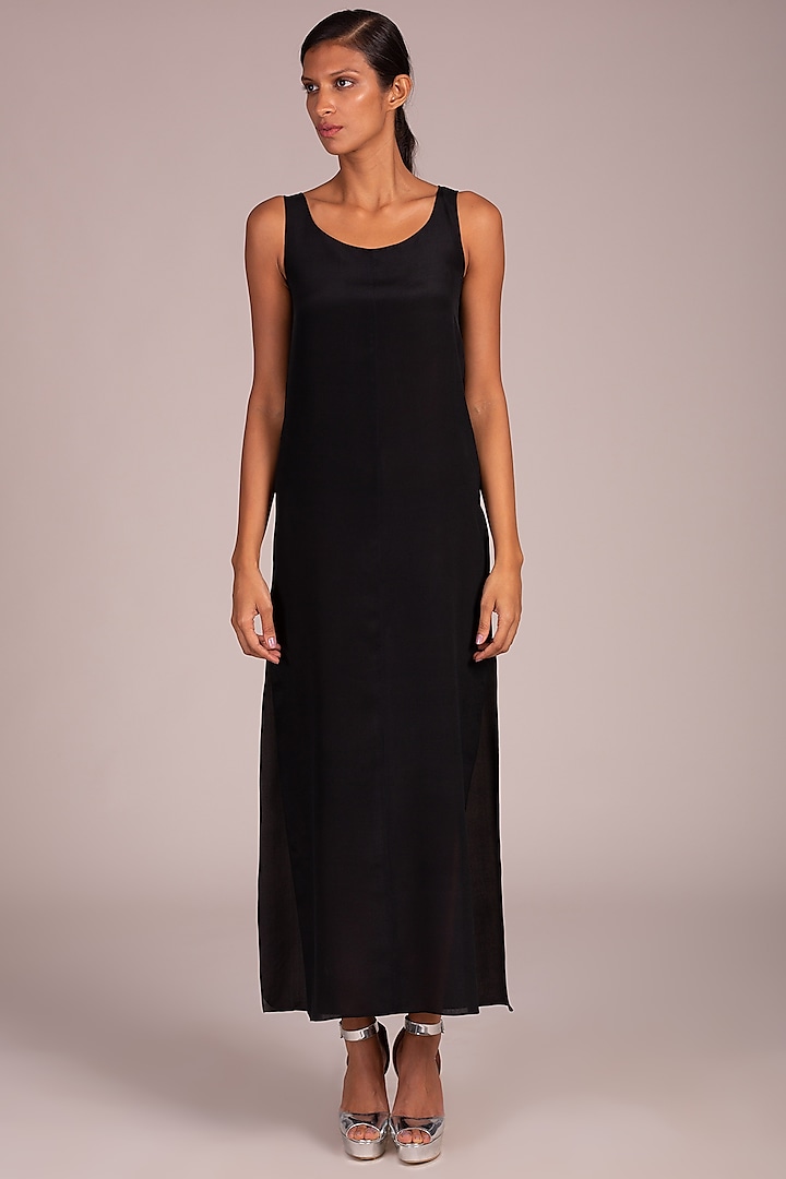 Black Satin Sleeveless Dress by Wendell Rodricks