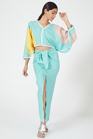 Mint Color Blocked Skirt Set by Wendell Rodricks