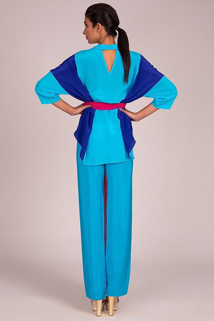 Turquoise Satin Crepe Co-Ord Set by Wendell Rodricks at Pernia's Pop Up Shop