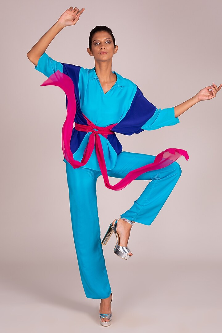 Turquoise Satin Crepe Co-Ord Set by Wendell Rodricks at Pernia's Pop Up Shop