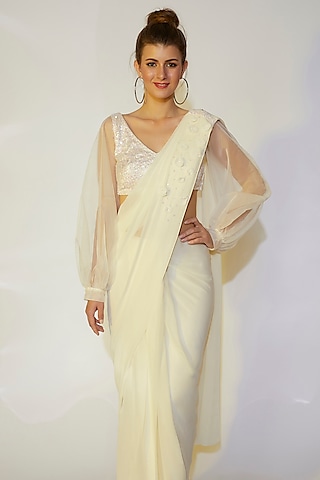Ivory Georgette Pre-Stitched Wrap Skirt Saree Set by Wendell Rodricks