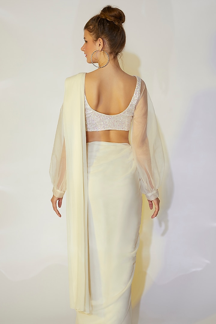 Ivory Georgette Pre-Stitched Wrap Skirt Festive Saree Set by Wendell Rodricks at Pernia's Pop Up Shop
