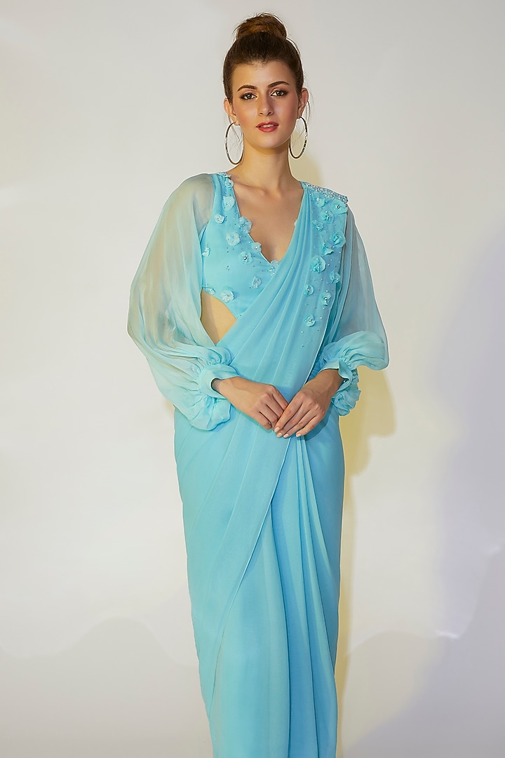 Powder Blue Georgette Hand Embroidered Skirt Festive Saree Set by Wendell Rodricks at Pernia's Pop Up Shop