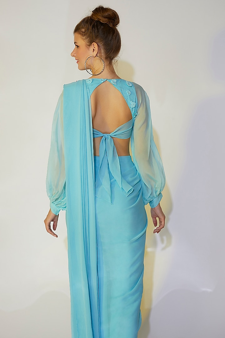 Powder Blue Georgette Hand Embroidered Skirt Festive Saree Set by Wendell Rodricks at Pernia's Pop Up Shop