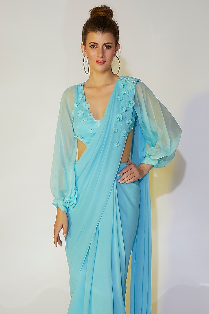 Powder Blue Georgette Hand Embroidered Skirt Festive Saree Set by Wendell Rodricks at Pernia's Pop Up Shop