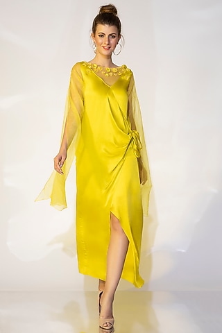 Lime-Yellow Wrap Tie-Up Gown by Wendell Rodricks