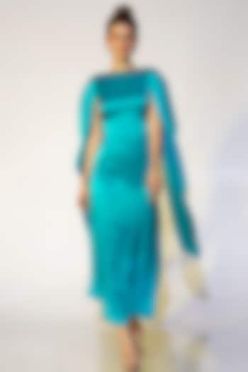 Turquoise Cowl Back Gown by Wendell Rodricks
