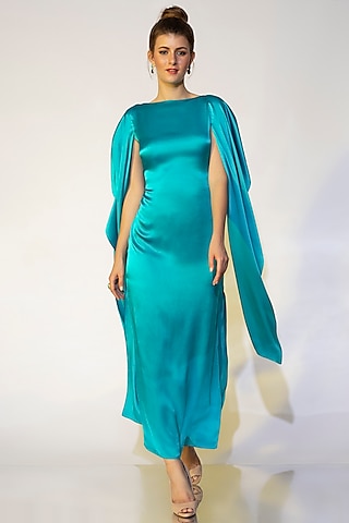 Turquoise Cowl Back Gown by Wendell Rodricks
