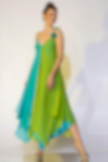Turquoise & Neon Green Asymmetrical Gown by Wendell Rodricks