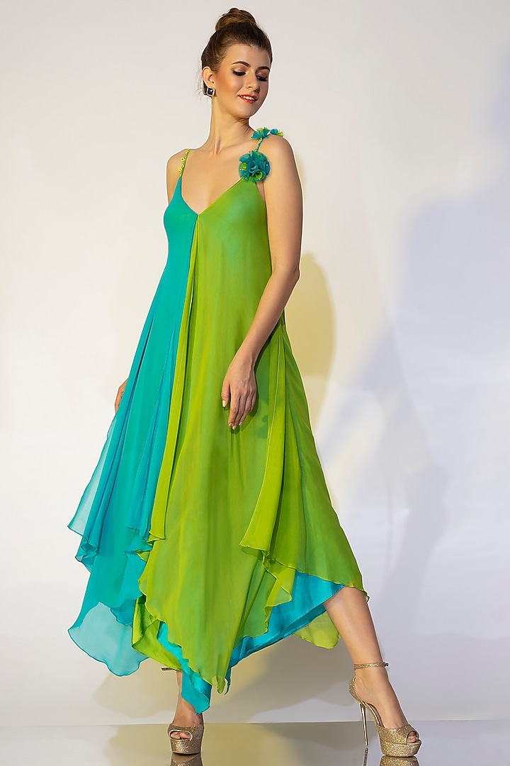 Turquoise & Neon Green Asymmetrical Gown by Wendell Rodricks